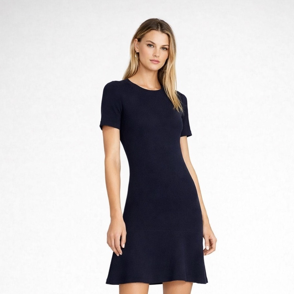 Theory Navy Short Sleeve Sweater Dress Flared Hem XS Fit & Flare Knit